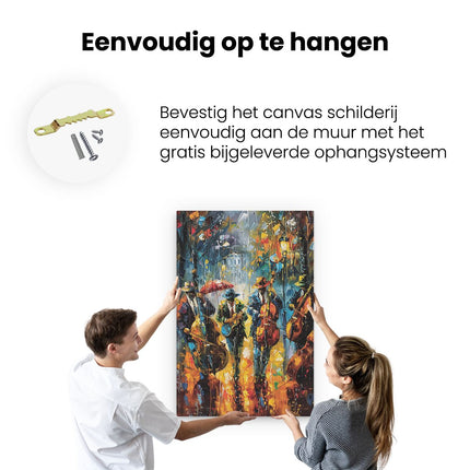 Canvas schilderij ophangen Kunstwerk van Muzikanten die Muziek Spelen in de Regen