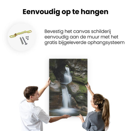 Canvas schilderij ophangen Waterval die door een Grot Stroomt