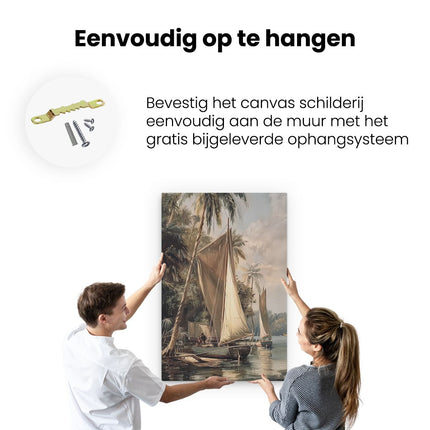 Canvas schilderij ophangen Kunstwerk van Zeilboten op een Rivier met Palmbomen