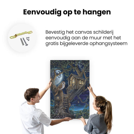 Canvas schilderij ophangen Uil zit 's Nachts Bovenop een Boomhut
