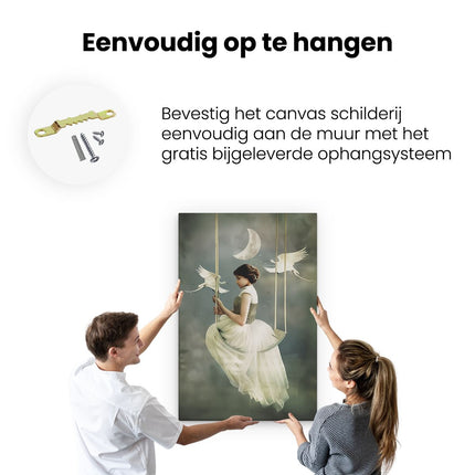 Canvas schilderij ophangen Vrouw op een Schommel met Vogels