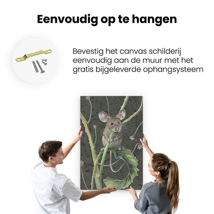 Canvas schilderij ophangen Muis zit op een Blad