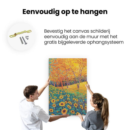 Canvas schilderij ophangen Veld met Zonnebloemen met Bomen op de Achtergrond