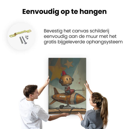 Canvas schilderij ophangen Robot zit Bovenop een Raket