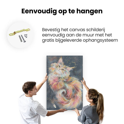 Canvas schilderij ophangen Kleurrijke Kat Liggend op een Sterrennacht