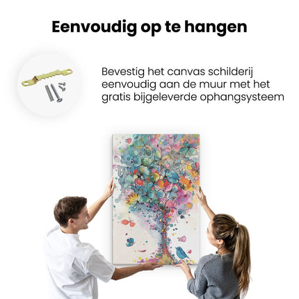 Canvas schilderij ophangen Kleurrijk Kunstwerk van een Boom met Vogels en Vlinders
