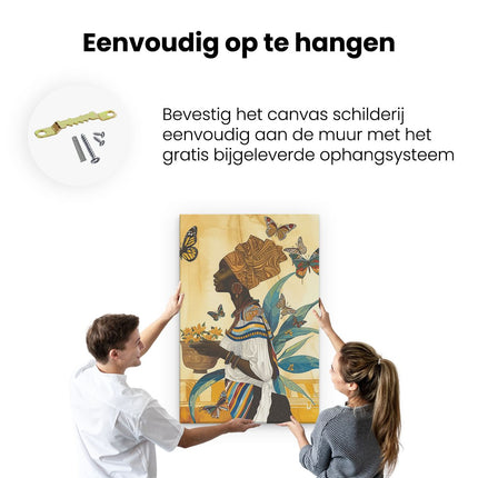 Canvas schilderij ophangen Afrikaanse Vrouw met een Mand met Vlinders