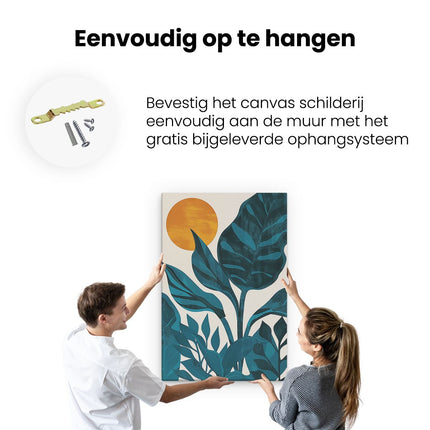 Canvas schilderij ophangen Illustratie van een Tropische Scène met Bladeren en een Zon