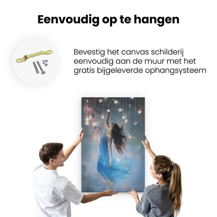 Canvas schilderij ophangen Meisje in een Blauwe Jurk met Sterren die aan haar Haar Hangen