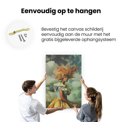 Canvas schilderij ophangen Vrouw in een Gele Jurk Staande in een Veld