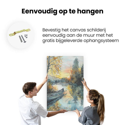 Canvas schilderij ophangen Aquarelkunstwerk van een Kano op een Rivier