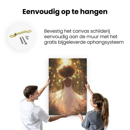 Canvas schilderij ophangen Vrouw in een Witte Jurk die door het Bos loopt