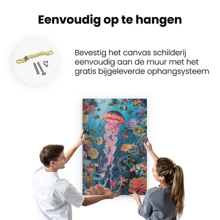 Canvas schilderij ophangen Onderwatertafereel met Kwallen en Koralen