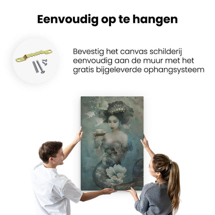 Canvas schilderij ophangen De Zeemeermin Houdt een Kopje Thee Vast