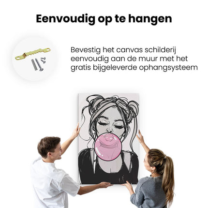 Canvas schilderij ophangen Meisje Blaast een Roze Kauwgom