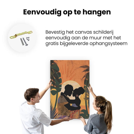 Canvas schilderij ophangen Man en Vrouw Knuffelen voor een Palmboom bij Zonsondergang