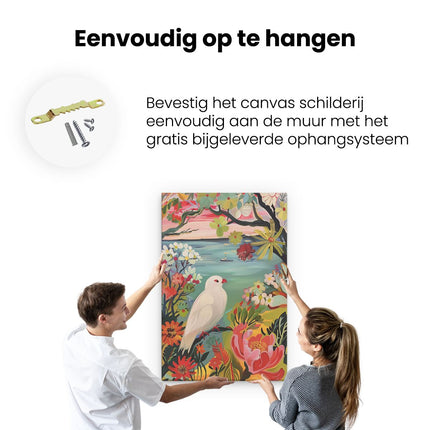 Canvas schilderij ophangen Witte Duif Zat op een Tak met Bloemen op de Achtergrond
