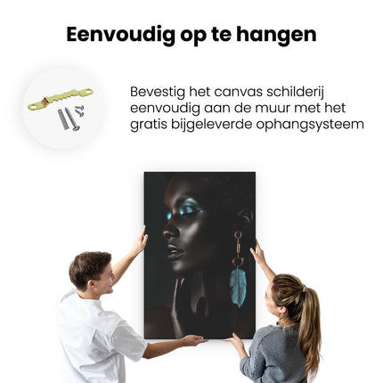 Canvas schilderij ophangen Zwarte Vrouw met Blauwe Veren Oorbellen