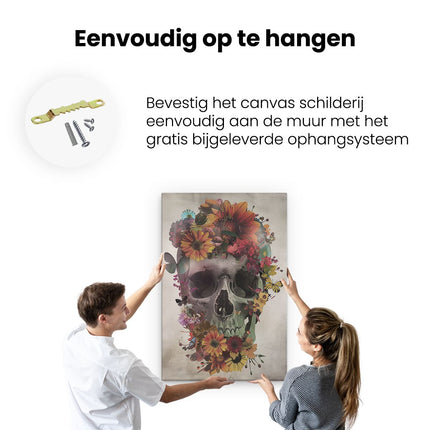 Canvas schilderij ophangen De Schedel is Bedekt met Bloemen en Vlinders