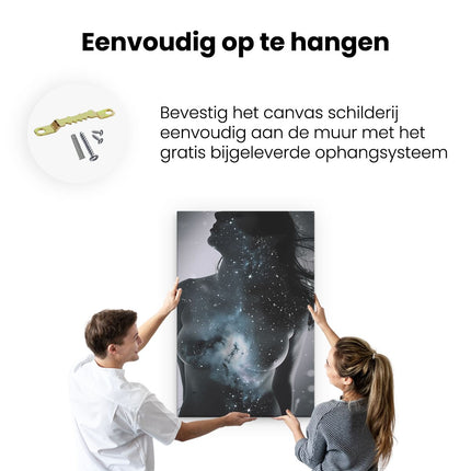 Canvas schilderij ophangen Vrouwenlichaam met Sterren op de Achtergrond