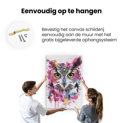 Canvas schilderij ophangen Uil met Kleurrijke Verfspatten op zijn Gezicht