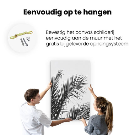 Canvas schilderij ophangen Zwart Wit Beeld van Palmbladeren tegen een Witte Achtergrond