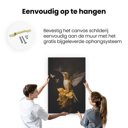 Canvas schilderij ophangen Kolibrie met Vlinders op een Bloem