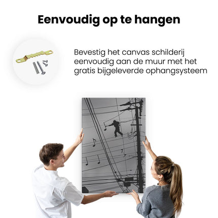 Canvas schilderij ophangen Silhouet van een Man op een Hoogspanningslijn met Muzieknoten