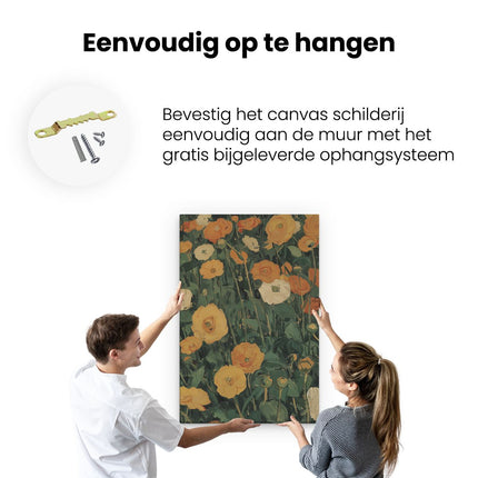 Canvas schilderij ophangen Oranje en Witte Bloemen in een Veld