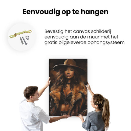 Canvas schilderij ophangen Vrouw in een Bontjas en Hoed