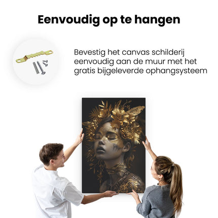 Canvas schilderij ophangen Vrouw met Gouden Bladeren op haar Gezicht