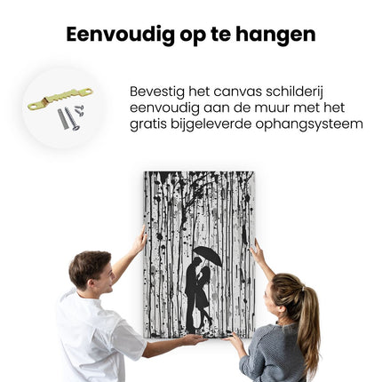Canvas schilderij ophangen Paar Zoenen onder een Paraplu in de Regen
