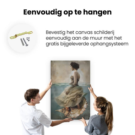 Canvas schilderij ophangen Vrouw in een Jurk en een Schelp