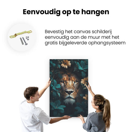 Canvas schilderij ophangen De Leeuw Staat Midden Tussen de Bloemen