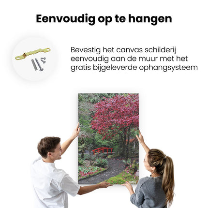 Canvas schilderij ophangen Japans Tuinpad met Rode Brug