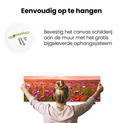 Canvas Schilderij Ophangen Schilderij Kudde Zebra's Bij Een Oranje Zonsondergang