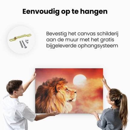 Canvas schilderij ophangen Leeuw - Leeuwenkop - Tijdens Zonsopkomst