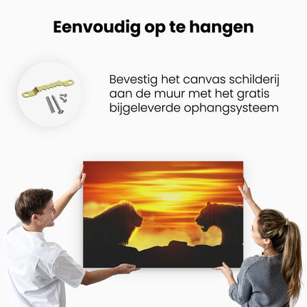 Canvas schilderij ophangen Leeuw En Tijger - Silhouet - Zonsopkomst