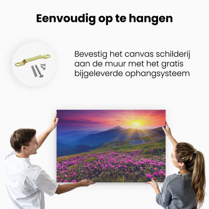 Canvas schilderij ophangen Roze Rhododendron Bloemenveld - Bergen