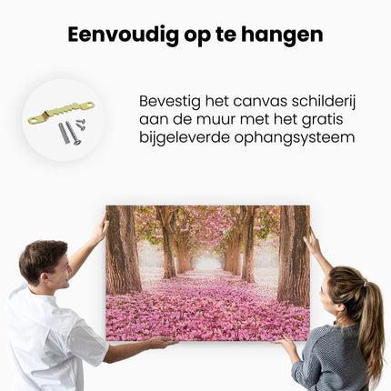 Canvas schilderij ophangen Romantische Bomen Tunnel Met Roze Anjers