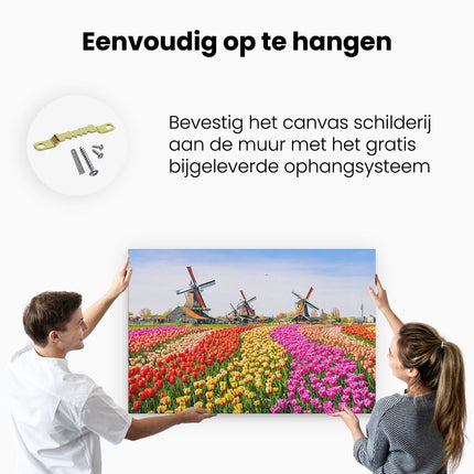 Canvas schilderij ophangen Kleurrijke Tulpen Bloemenveld - Windmolen