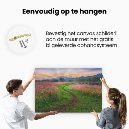 Canvas schilderij ophangen Kosmos Bloemenveld Met Een Pad - Bloemen