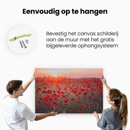 Canvas schilderij ophangen Rode Klaprozen Bloemenveld Zonsondergang