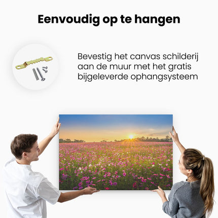 Canvas schilderij ophangen Bloemenveld Met Roze Kosmos 