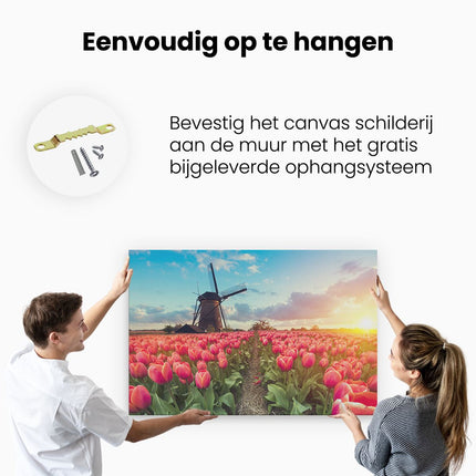 Canvas schilderij ophangen Roze Tulpen Bloemenveld - Met Windmolen