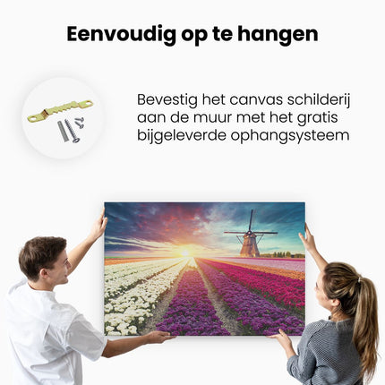 Canvas schilderij ophangen Kleurrijke Tulpen Bloemenveld - Windmolen