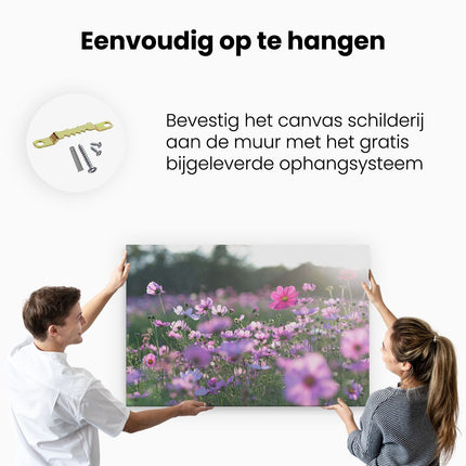 Canvas schilderij ophangen Bloemenveld Met Paarse Kosmos 