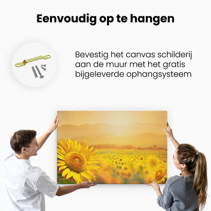 Canvas schilderij ophangen Zonnebloemen Veld Met Zonopkomst