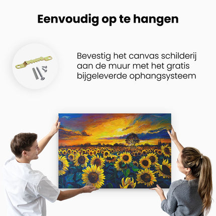 Canvas schilderij ophangen Getekende Zonnebloemen Veld Met Olieverf