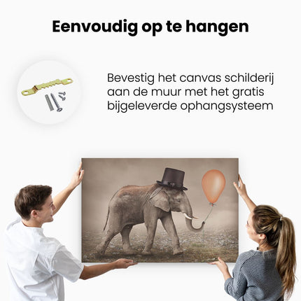 Canvas schilderij ophangen Olifant Met Een Oranje Ballon - Hoedje